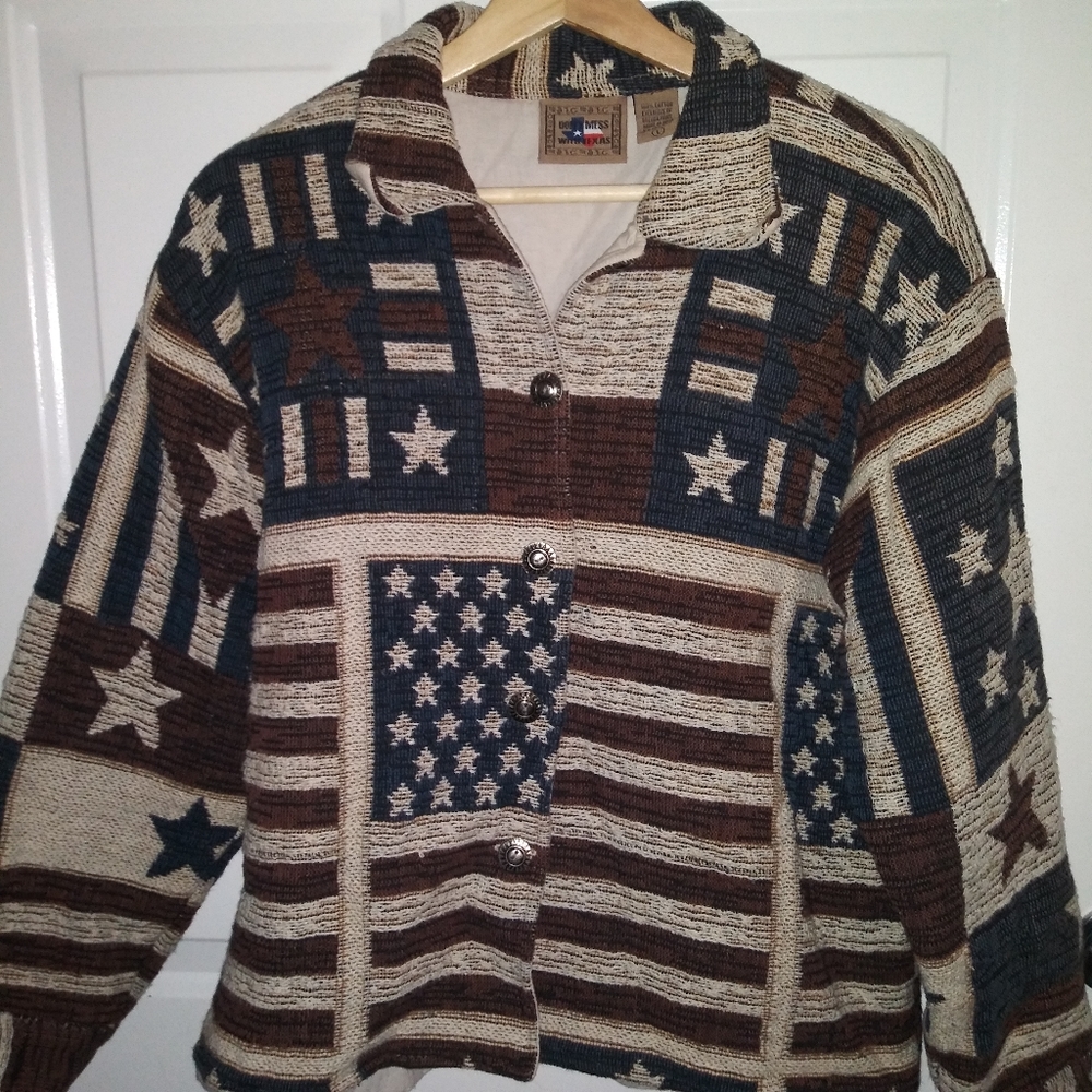 American Flag Jaquard Metal Button Up Jacket Don't mess with texas Large Trump - Picture 3 of 4